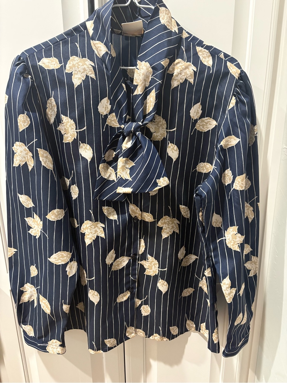 Koret Navy Floral Tie-Neck Blouse with Cream Leaf Print
